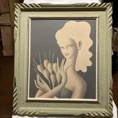花束を持つ娘　湯川輝義　青児　美術品　ア-ト　絵画　モダン　豪華額縁　女性画 花束を持つ娘湯川輝義青児美術品ア-ト絵画モダン豪華額縁女性画