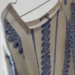 vintage 古着 ブルー ステッチ 刺繍 スクエアカラー 長袖 トップス