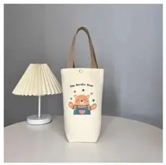 クマのイラスト付きのトートバッグ✧クリーム色✧縦長タイプ✧マチ付き✧帆布製
