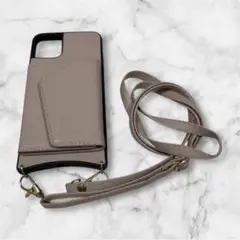 AJ ベージュ 合成皮革 スマホケース ショルダーストラップ付き