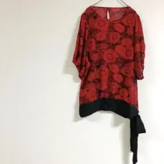 美品✨赤と黒の花柄 五分袖 シフォンチュニック