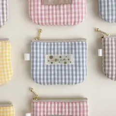 ハンドメイド　キルティング　ミニポーチ　チェック柄　グリーン