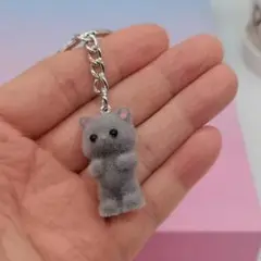 猫さんキーホルダー,毛並ふわっとネコ,グレー,灰色,ZQDIY