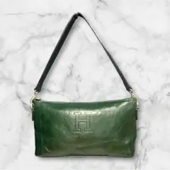 美品　ヒロフ　ショルダーバッグ　オールレザー　ロゴ型押し　肩掛け　グリーン