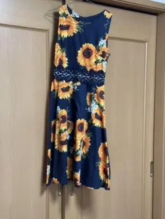 インポートひまわり柄ノースリーブワンピースS
