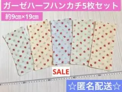 日本製ダブルガーゼ　いちご柄　ハーフガーゼハンカチ 約9㎝×19㎝　5枚セット