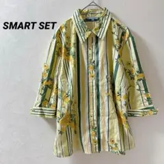 SMART SET 花柄　イエロー　グリーン　ストライプ　七分袖シャツ　L