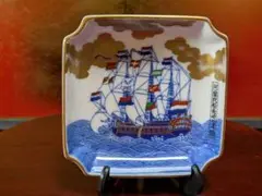 深川製磁　飾り皿　絵皿　皿立て付　オランダ船　長崎入津図