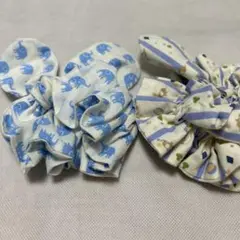 ハンドメイド耳つきシュシュセット　青い象とストライプ