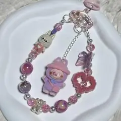 【人気】ピクニックラブブビーズストラップ　キーホルダー　スマホ　ピンクパープル