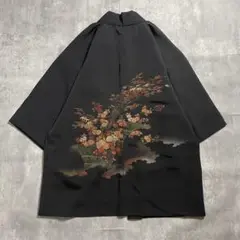 【ヴィンテージ】古着 羽織り 着物カーディガン モード 花柄 刺繍 黒 レトロ