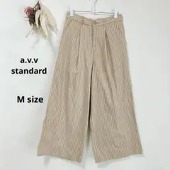 アーヴェヴェ　a.v.v ワイドパンツ　M ストライプ　ブラウン　麻　タック入り