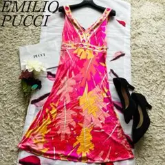 【良品】EMILIOPUCCI ノースリーブドレス プッチ柄 ピンク フレア38