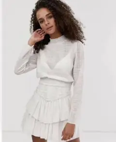 asos ホワイト/ハイネック/シャーリング/フリルワンピース