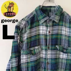 USA古着 george　ネルシャツL　グリーンホワイトネイビー　チェック