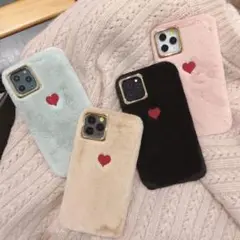 【F】（ブラック）iphone ケース アイフォンケース ハート　モコモコ