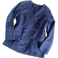 GU ジーユー ダブルブレストノーカラージャケット 紺 L