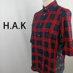 H.A.K　5分袖　シャツ　レッド　チェック柄　サイドレース　パール調ボタン