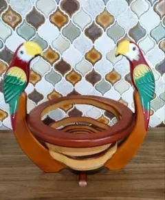 アジアンなインテリア木製重ねボウル 鳥の持ち手付きバスケット
