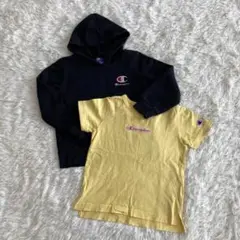 ▽チャンピオン▽キッズトレーナーTシャツセット120黒イエロー 刺繍ロゴ