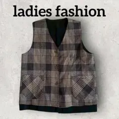ladies fashion チェック柄ジレ チェック柄ベスト (F)ブラック系
