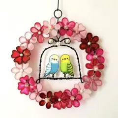 セキセイインコとお花のリース　ワイヤークラフト　ディップアート　プラ板