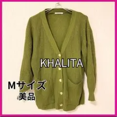 美品★ニットカーディガン ミドル丈 ゆったりシルエット カーキ M