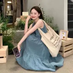 ワンピース　M 水色　デニム風　ティアード　Aライン　ロングワンピ　ゆったり