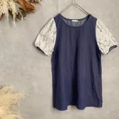 アベックトワ 半袖Tシャツ レース袖 ネイビー クルーネック 花柄 1244