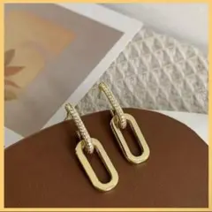 ゴールド　ダブルチェーンピアス　CZダイヤモンド　ステンレス