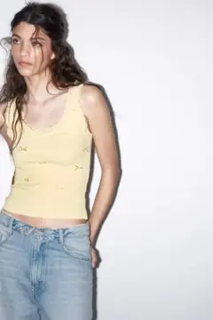 新品未使用　ZARA 2025年　リブ編みレーストリムリボン付きタンクトップ