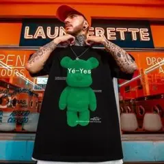オーバー ストリート プリント Tシャツ クマ 【大人気】半袖 黒 韓国 XL