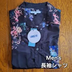 メンズ 長袖シャツ (ブラック 花柄)