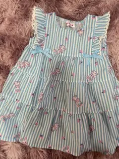【美品】バースデイ　スイマー　うさぎプリント水色ストライプワンピース 95