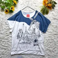 【リップスター】【サイズ2】Tシャツ アート柄 白×ブルー カジュアル 大きめ