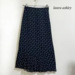 ローラアシュレイ　ロングスカート　黒　花柄　総柄　S　可憐　シアースカート