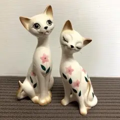 レトロ　陶器製　花柄　猫　置物　インテリア　2匹セット（髭有り）