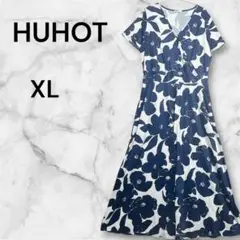 HUHOT 【XL】花柄半袖ロングワンピース大きめサイズポケット