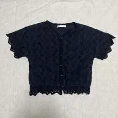 美品　ZARA 164cm 半袖ブラウス　パンチング　ショート丈　黒　キッズ