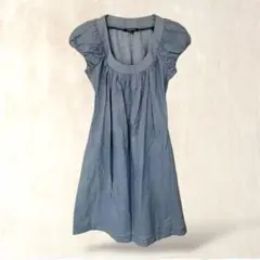 【パトリツィアぺぺ】ロースリーブワンピース　M　総柄　ブルー系　広めUネック　夏