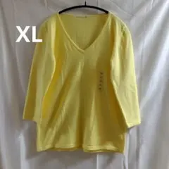 大きいサイズ　XLイエロー Vネック ニット 七分袖