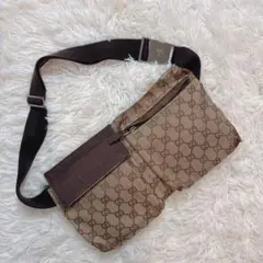 GUCCI グッチ ボディバッグ ウエストポーチ GG キャンバス レザー 茶