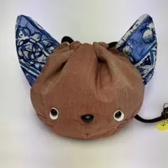 巾着　ちび猫コンビ:青ボーダーNo.43-CM