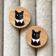 【ヴィンテージ品】黒猫プリントハンドメイド風ウッドイヤリング