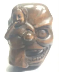 柘植材　置物　人と天狗　黄楊繊細彫刻