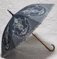 新品【晴雨兼用 長傘】繊細 高級感 豪華刺繍 木製 雨傘 日傘 紺