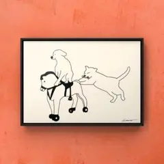 ★A4フレーム付き★オリジナル アートポスター HANGOUT 犬猫インテリア