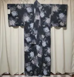 【未使用 タグ付】紺色 ポリエステル 小紋 広衿 カジュアル 街着