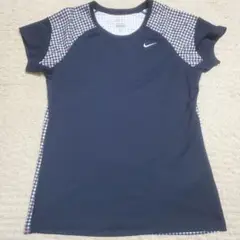 【美品】NIKE　半袖Tシャツ　速乾　ネイビー&チェック柄　刺繍ロゴ　女性用L