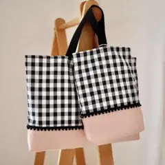 [再販]ギンガムチェックxポンポンのレッスンバッグ&うわばき入れ シェルピンク